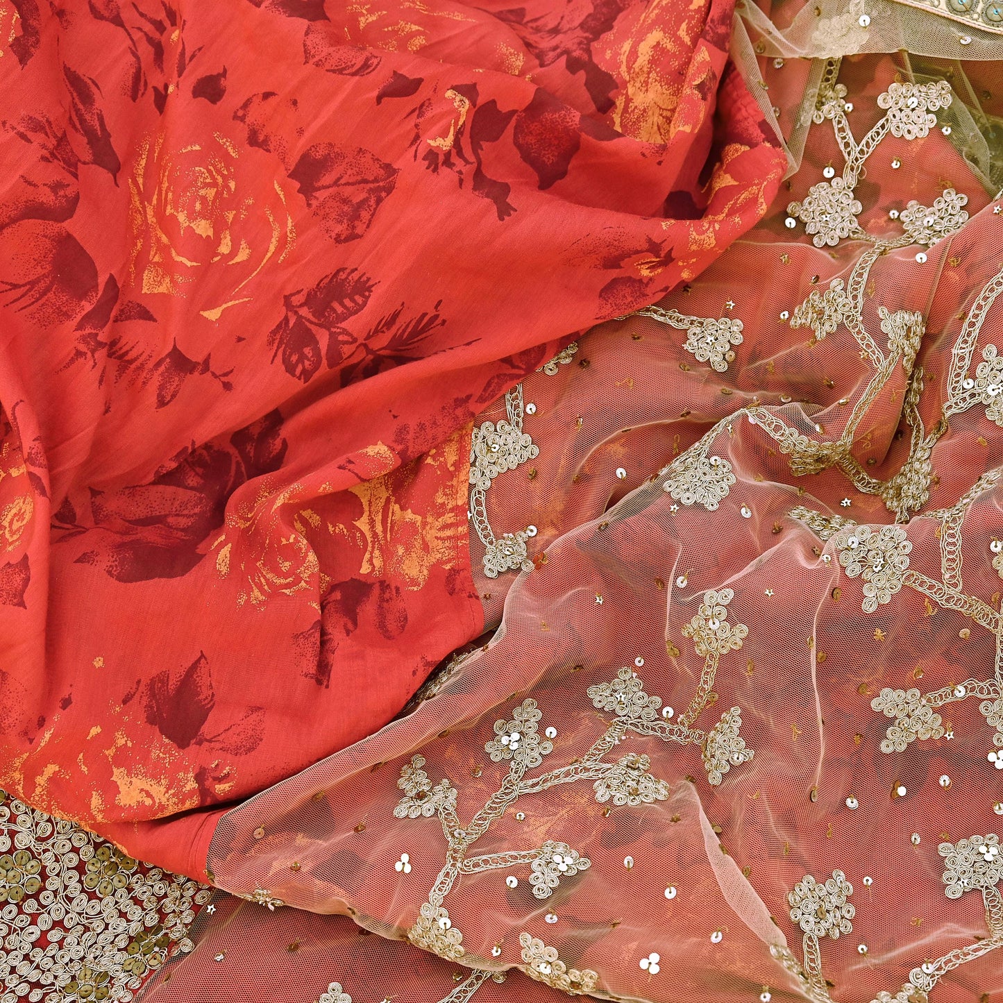 Indian Pre-owned Saree Beige & Red Pure Silk, Net Hand Embroidered Sabyasachi Designer Sari 6Yd Soft Ethnic Bollywood Party saree