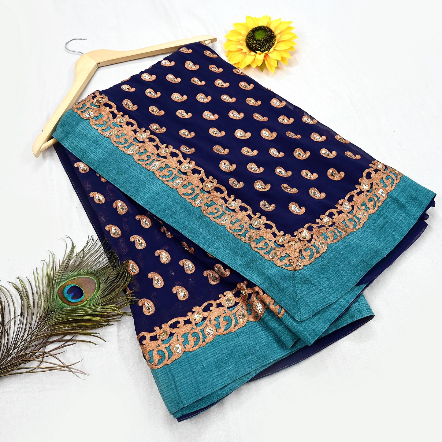 Indian Heavy Sari Blue Pure Georgette Silk Hand Embroidered Sarees Designer Sabyasachi 6Yd Sewing Ethnic Bollywood party wear saree Dabka
