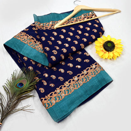 Indian Heavy Sari Blue Pure Georgette Silk Hand Embroidered Sarees Designer Sabyasachi 6Yd Sewing Ethnic Bollywood party wear saree Dabka