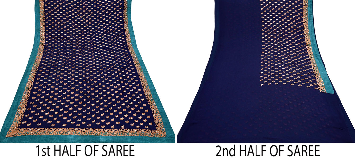 Indian Heavy Sari Blue Pure Georgette Silk Hand Embroidered Sarees Designer Sabyasachi 6Yd Sewing Ethnic Bollywood party wear saree Dabka