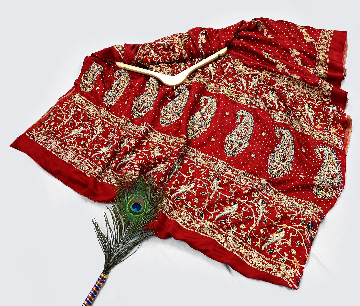 Indian Pre-Owned Sari Bridal Red Pure Gajji silk Hand Embroidered Gharchola Sarees Ethnic Zardozi/Dabka Zari Bandhej Wedding Saree Peacock