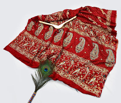 Indian Pre-Owned Sari Bridal Red Pure Gajji silk Hand Embroidered Gharchola Sarees Ethnic Zardozi/Dabka Zari Bandhej Wedding Saree Peacock