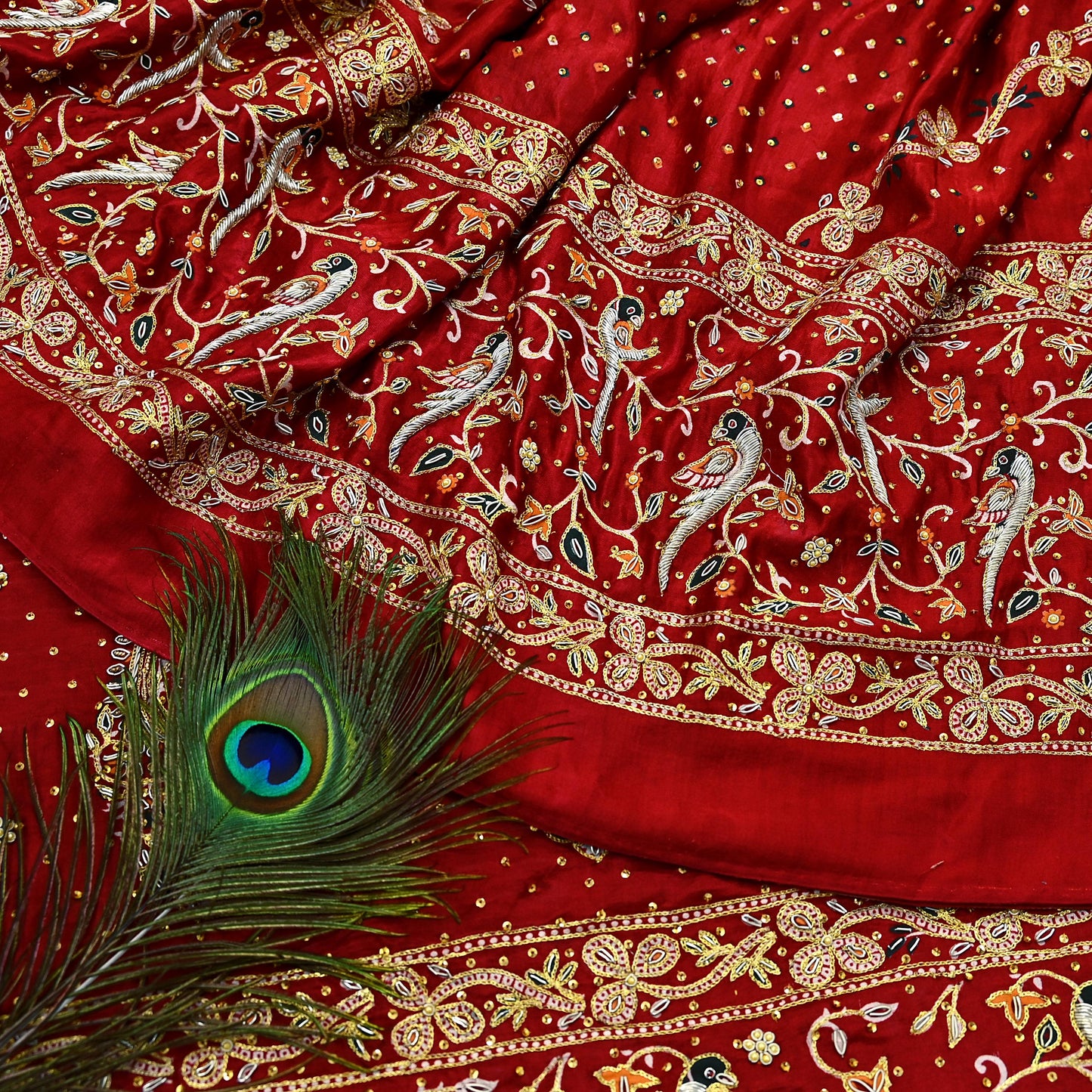 Indian Pre-Owned Sari Bridal Red Pure Gajji silk Hand Embroidered Gharchola Sarees Ethnic Zardozi/Dabka Zari Bandhej Wedding Saree Peacock