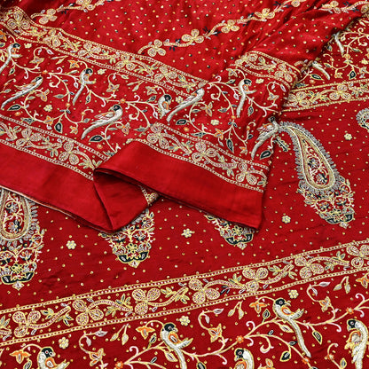 Indian Pre-Owned Sari Bridal Red Pure Gajji silk Hand Embroidered Gharchola Sarees Ethnic Zardozi/Dabka Zari Bandhej Wedding Saree Peacock