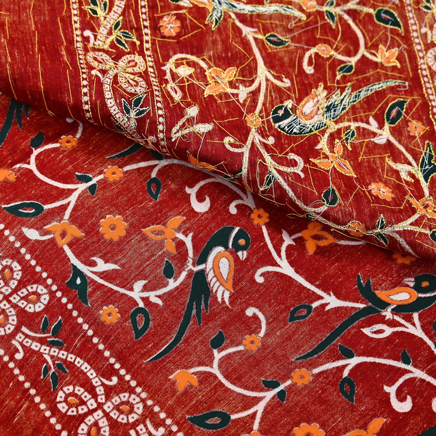 Indian Pre-Owned Sari Bridal Red Pure Gajji silk Hand Embroidered Gharchola Sarees Ethnic Zardozi/Dabka Zari Bandhej Wedding Saree Peacock