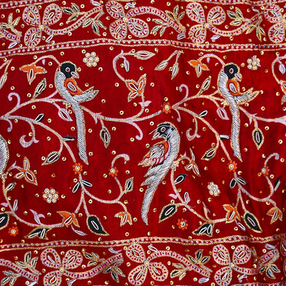 Indian Pre-Owned Sari Bridal Red Pure Gajji silk Hand Embroidered Gharchola Sarees Ethnic Zardozi/Dabka Zari Bandhej Wedding Saree Peacock
