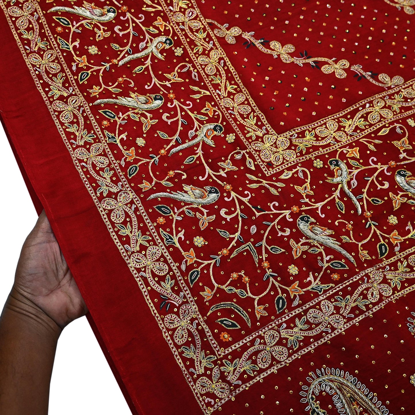 Indian Pre-Owned Sari Bridal Red Pure Gajji silk Hand Embroidered Gharchola Sarees Ethnic Zardozi/Dabka Zari Bandhej Wedding Saree Peacock