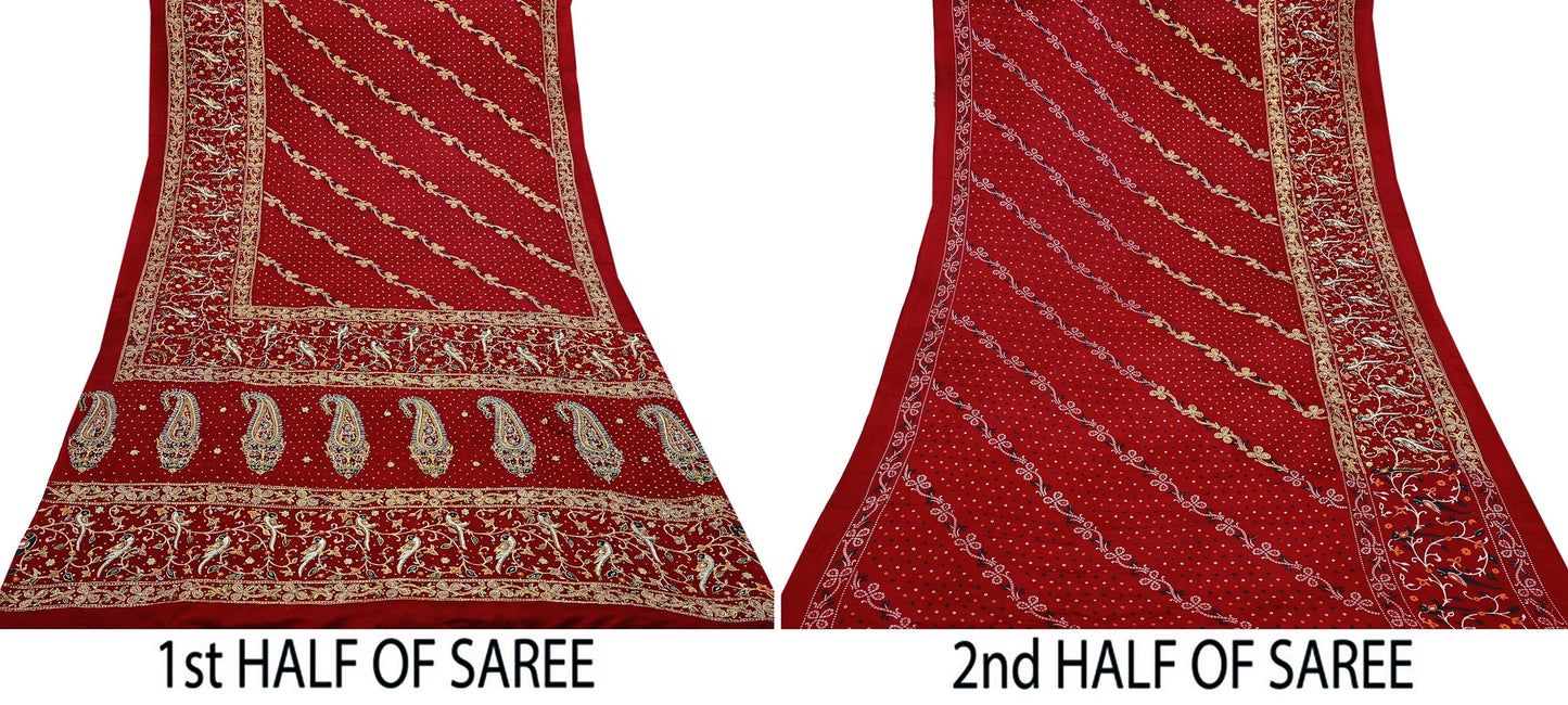 Indian Pre-Owned Sari Bridal Red Pure Gajji silk Hand Embroidered Gharchola Sarees Ethnic Zardozi/Dabka Zari Bandhej Wedding Saree Peacock