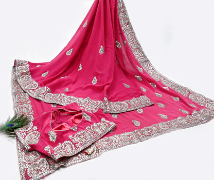 Indian Pre-owned Heavy Sari Pink Pure Georgette Silk Hand Embroidered Sarees Designer Abu Jani 5Yd Sewing Ethnic Sarees