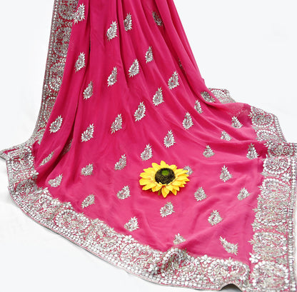 Indian Pre-owned Heavy Sari Pink Pure Georgette Silk Hand Embroidered Sarees Designer Abu Jani 5Yd Sewing Ethnic Sarees