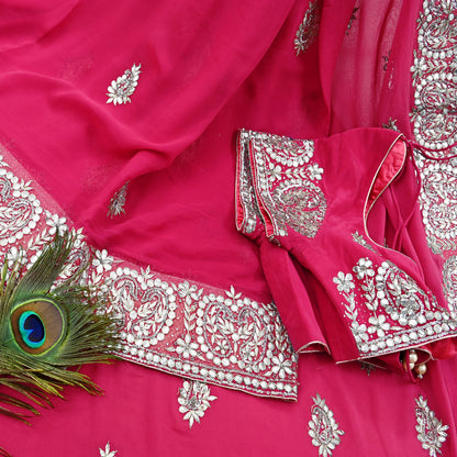 Indian Pre-owned Heavy Sari Pink Pure Georgette Silk Hand Embroidered Sarees Designer Abu Jani 5Yd Sewing Ethnic Sarees