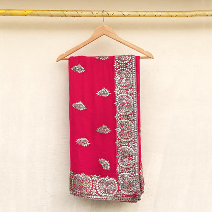 Indian Pre-owned Heavy Sari Pink Pure Georgette Silk Hand Embroidered Sarees Designer Abu Jani 5Yd Sewing Ethnic Sarees