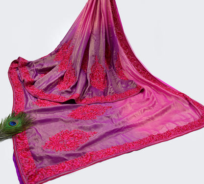 Indian Vintage Heavy Sari Pink & Purple Pure Georgette Silk Hand Embroidered Parsi Gara Sarees Craft Fabric 5Yd Sewing Dress making Crafting