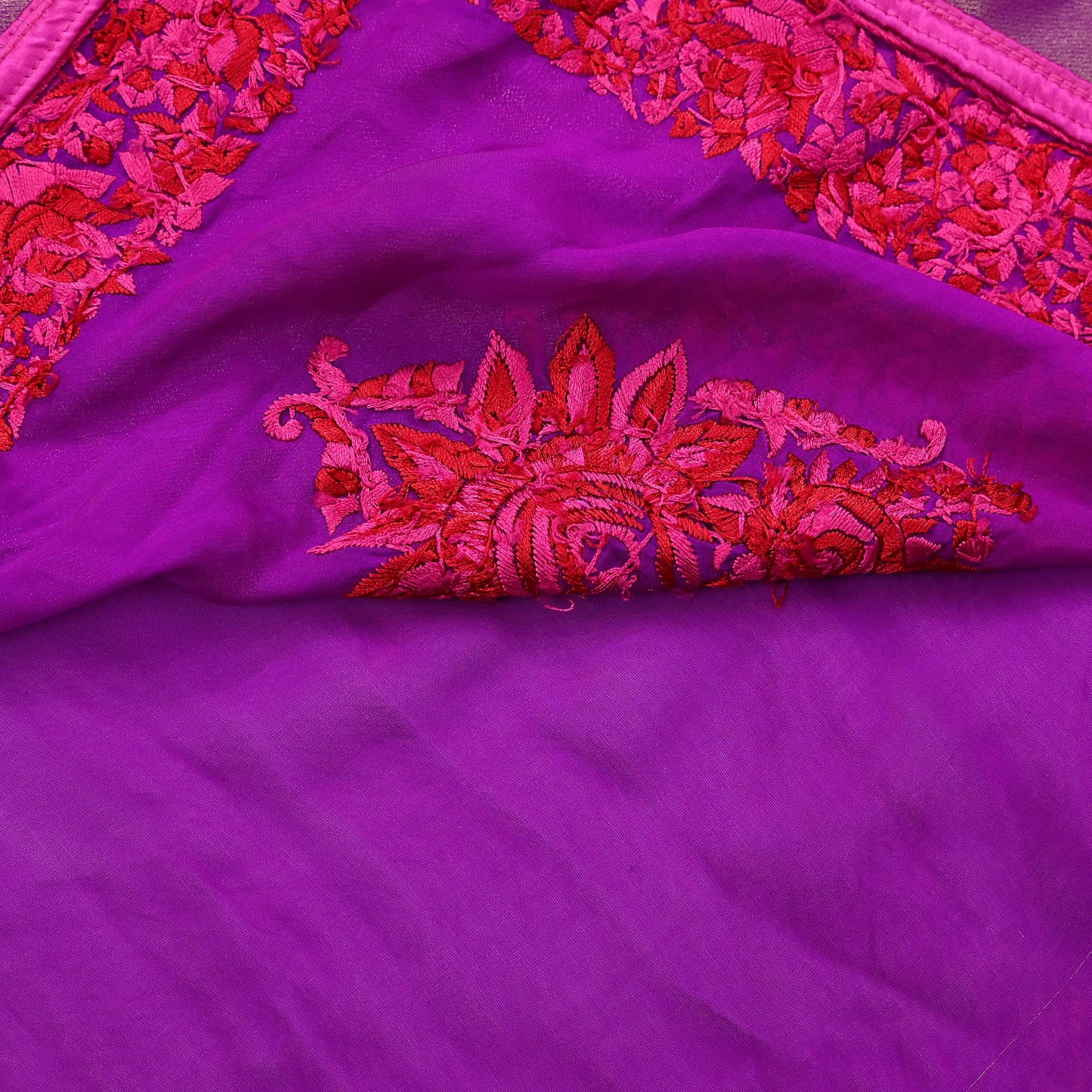 Indian Vintage Heavy Sari Pink & Purple Pure Georgette Silk Hand Embroidered Parsi Gara Sarees Craft Fabric 5Yd Sewing Dress making Crafting