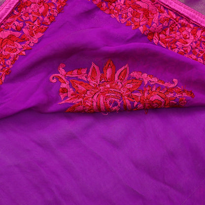 Indian Vintage Heavy Sari Pink & Purple Pure Georgette Silk Hand Embroidered Parsi Gara Sarees Craft Fabric 5Yd Sewing Dress making Crafting