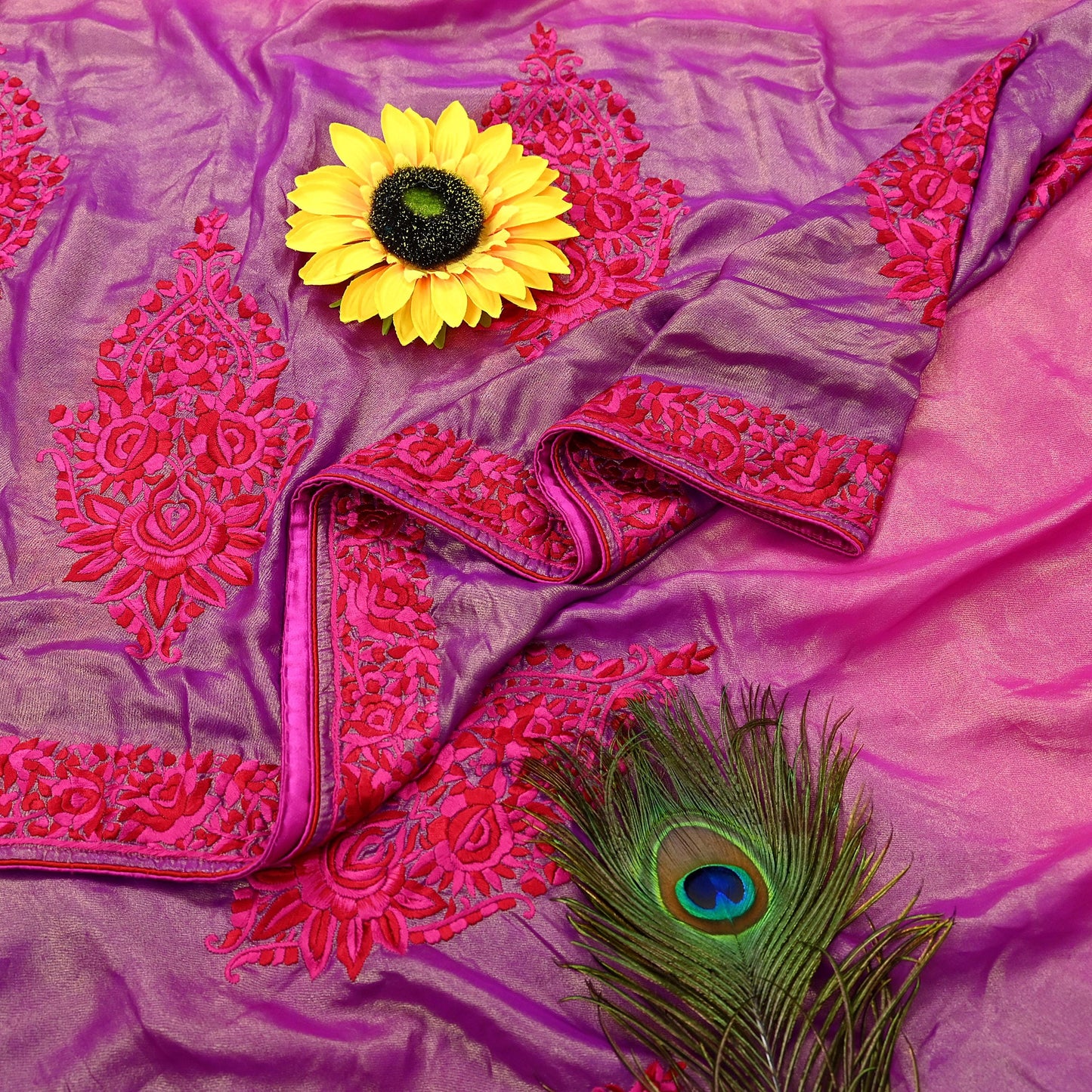 Indian Vintage Heavy Sari Pink & Purple Pure Georgette Silk Hand Embroidered Parsi Gara Sarees Craft Fabric 5Yd Sewing Dress making Crafting