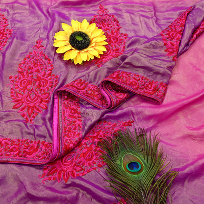 Indian Vintage Heavy Sari Pink & Purple Pure Georgette Silk Hand Embroidered Parsi Gara Sarees Craft Fabric 5Yd Sewing Dress making Crafting