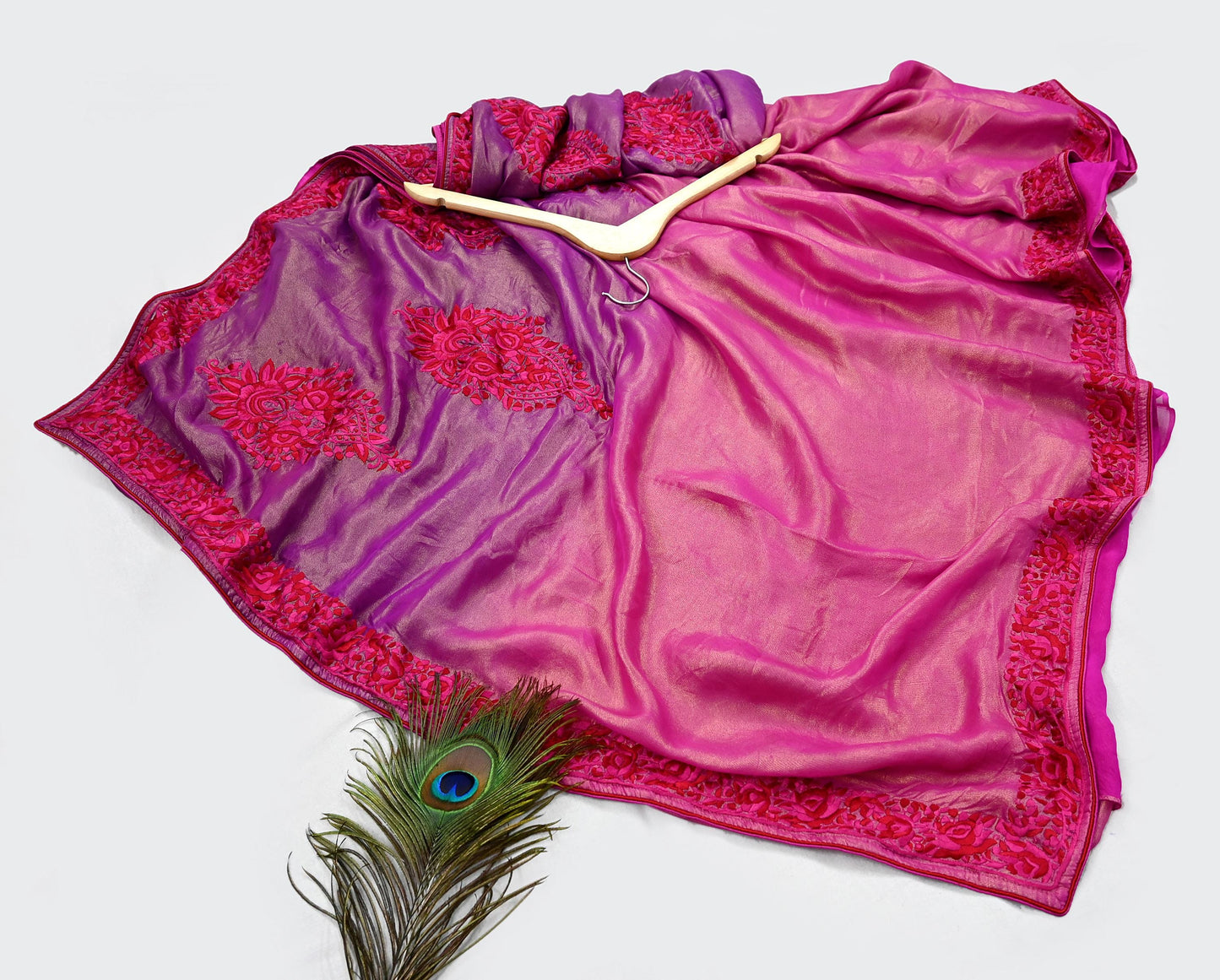 Indian Vintage Heavy Sari Pink & Purple Pure Georgette Silk Hand Embroidered Parsi Gara Sarees Craft Fabric 5Yd Sewing Dress making Crafting