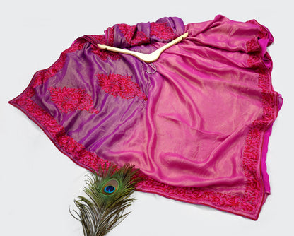 Indian Vintage Heavy Sari Pink & Purple Pure Georgette Silk Hand Embroidered Parsi Gara Sarees Craft Fabric 5Yd Sewing Dress making Crafting