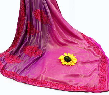 Indian Vintage Heavy Sari Pink & Purple Pure Georgette Silk Hand Embroidered Parsi Gara Sarees Craft Fabric 5Yd Sewing Dress making Crafting