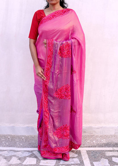 Indian Vintage Heavy Sari Pink & Purple Pure Georgette Silk Hand Embroidered Parsi Gara Sarees Craft Fabric 5Yd Sewing Dress making Crafting