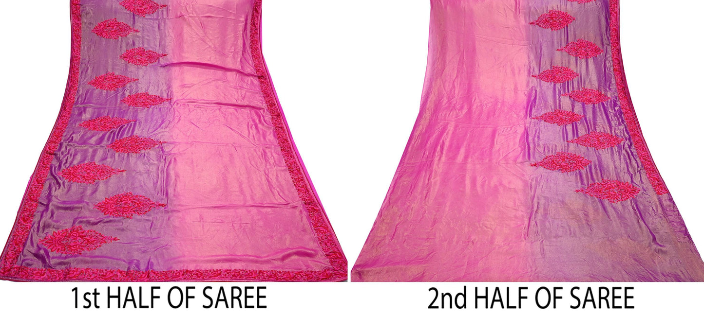 Indian Vintage Heavy Sari Pink & Purple Pure Georgette Silk Hand Embroidered Parsi Gara Sarees Craft Fabric 5Yd Sewing Dress making Crafting