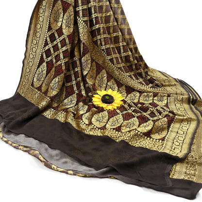 Indian Pre-Owned Sari Gray & Green Pure Georgette silk Hand Woven Bandhani Sarees Ethnic Zardozi/Dabka Zari Wedding Saree