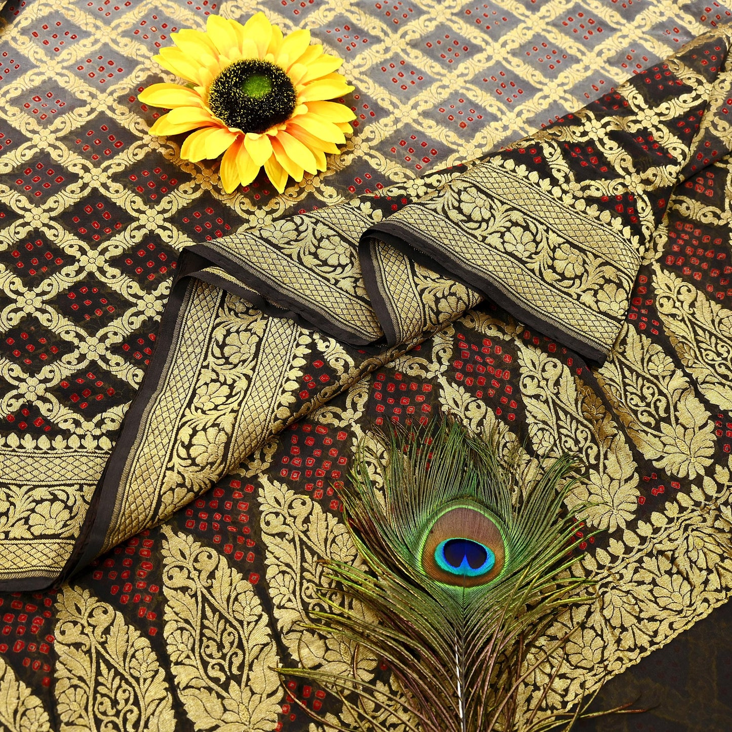 Indian Pre-Owned Sari Gray & Green Pure Georgette silk Hand Woven Bandhani Sarees Ethnic Zardozi/Dabka Zari Wedding Saree