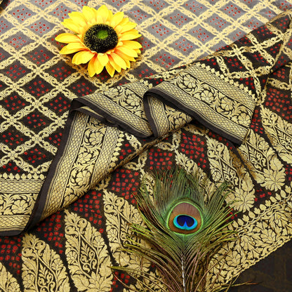 Indian Pre-Owned Sari Gray & Green Pure Georgette silk Hand Woven Bandhani Sarees Ethnic Zardozi/Dabka Zari Wedding Saree