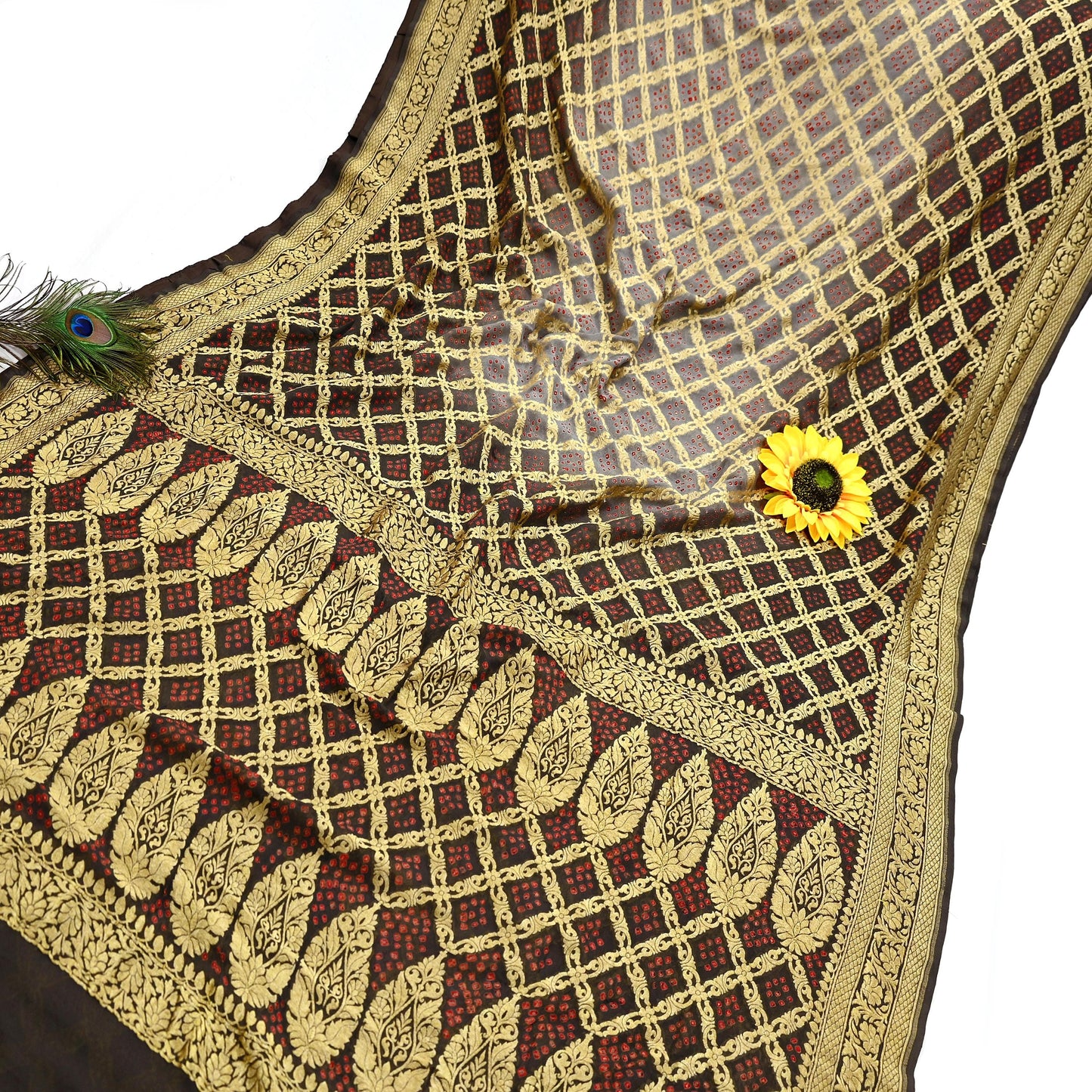 Indian Pre-Owned Sari Gray & Green Pure Georgette silk Hand Woven Bandhani Sarees Ethnic Zardozi/Dabka Zari Wedding Saree