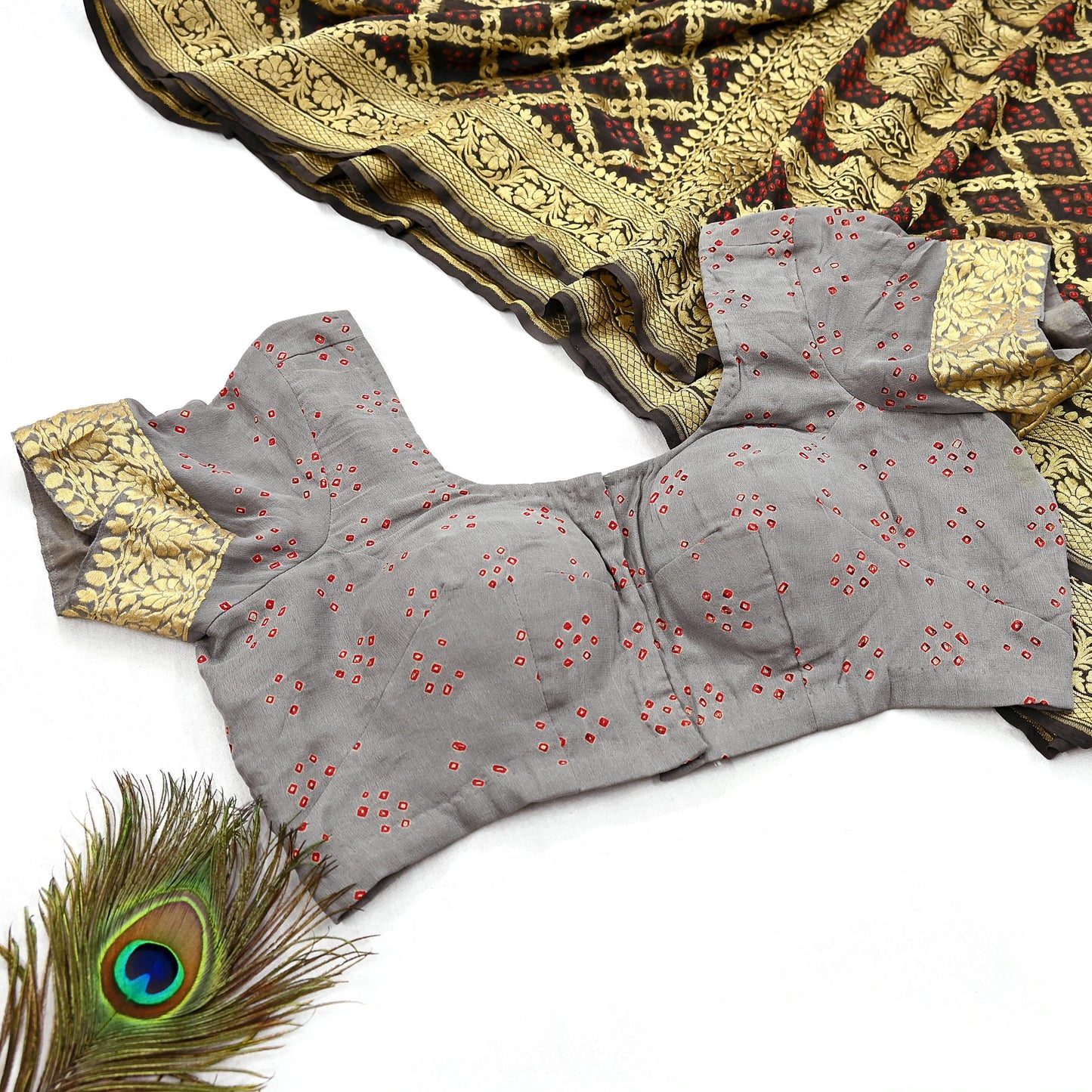 Indian Pre-Owned Sari Gray & Green Pure Georgette silk Hand Woven Bandhani Sarees Ethnic Zardozi/Dabka Zari Wedding Saree