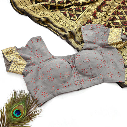 Indian Pre-Owned Sari Gray & Green Pure Georgette silk Hand Woven Bandhani Sarees Ethnic Zardozi/Dabka Zari Wedding Saree