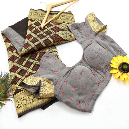 Indian Pre-Owned Sari Gray & Green Pure Georgette silk Hand Woven Bandhani Sarees Ethnic Zardozi/Dabka Zari Wedding Saree