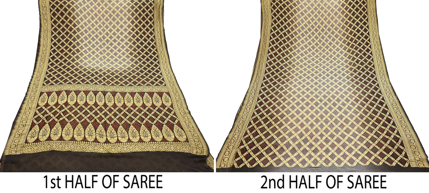 Indian Pre-Owned Sari Gray & Green Pure Georgette silk Hand Woven Bandhani Sarees Ethnic Zardozi/Dabka Zari Wedding Saree