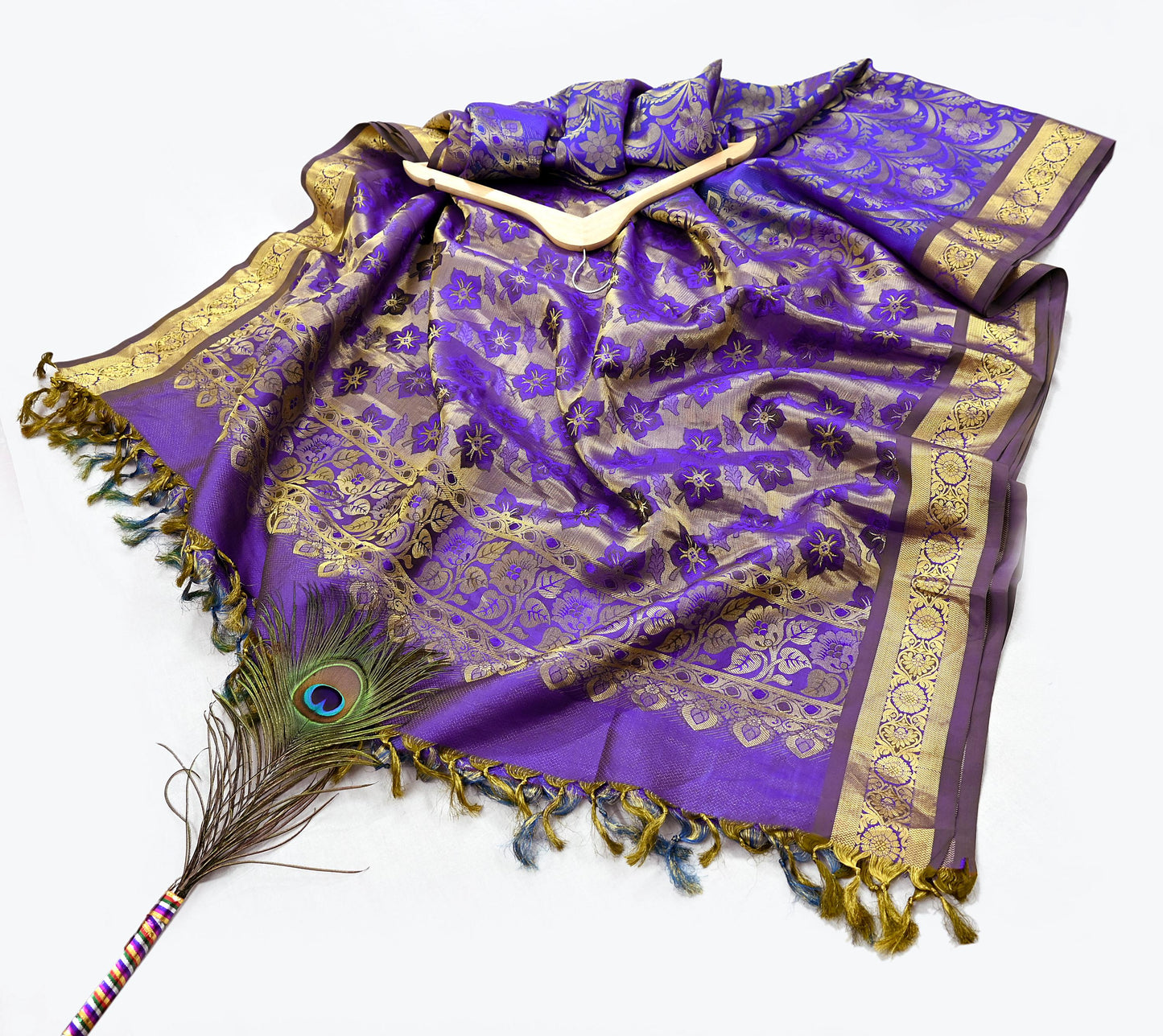 Indian Vintage Heavy Purple & Blue Saree 100% Pure Silk Hand Woven Kanjeevaram Sari 5yd Ethnic Zari Premium Wedding Saree with blouse