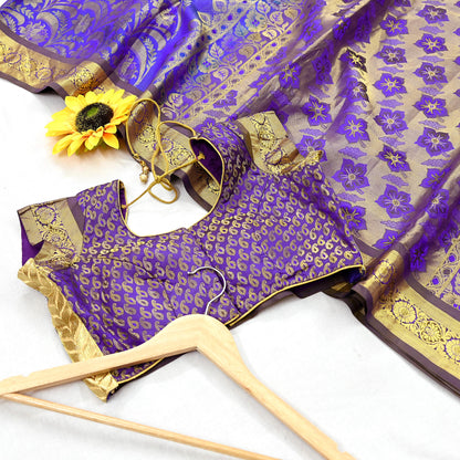 Indian Vintage Heavy Purple & Blue Saree 100% Pure Silk Hand Woven Kanjeevaram Sari 5yd Ethnic Zari Premium Wedding Saree with blouse