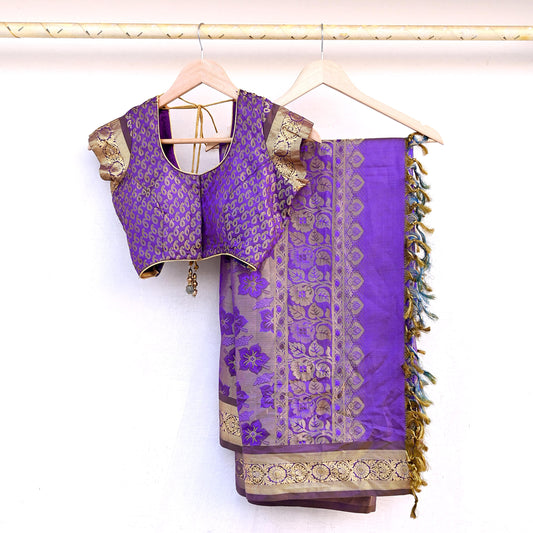 Indian Vintage Heavy Purple & Blue Saree 100% Pure Silk Hand Woven Kanjeevaram Sari 5yd Ethnic Zari Premium Wedding Saree with blouse