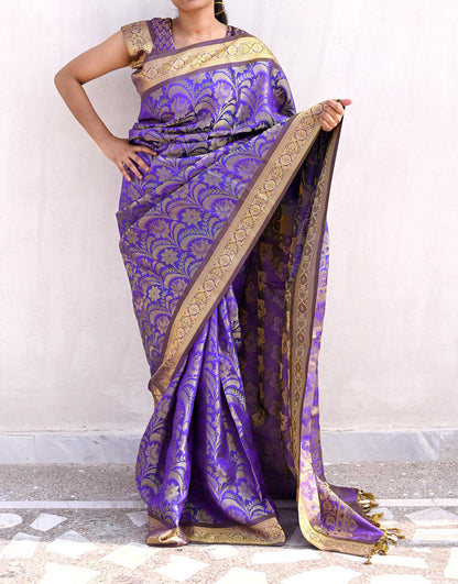 Indian Vintage Heavy Purple & Blue Saree 100% Pure Silk Hand Woven Kanjeevaram Sari 5yd Ethnic Zari Premium Wedding Saree with blouse