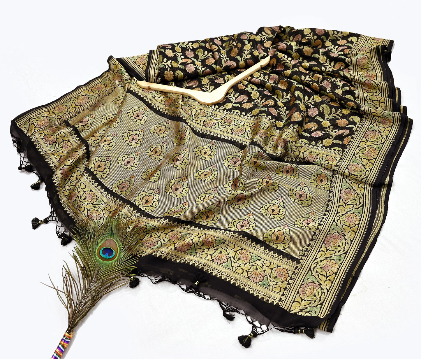 Antique Vintage Black Saree Pure Georgette Silk Hand Woven Banarasi Sari Craft Fabric 5Yd Sewing Soft Ethnic Zari Dress Making