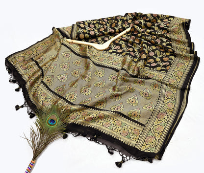 Antique Vintage Black Saree Pure Georgette Silk Hand Woven Banarasi Sari Craft Fabric 5Yd Sewing Soft Ethnic Zari Dress Making