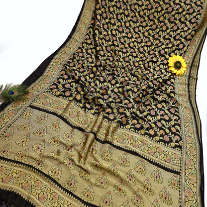 Antique Vintage Black Saree Pure Georgette Silk Hand Woven Banarasi Sari Craft Fabric 5Yd Sewing Soft Ethnic Zari Dress Making