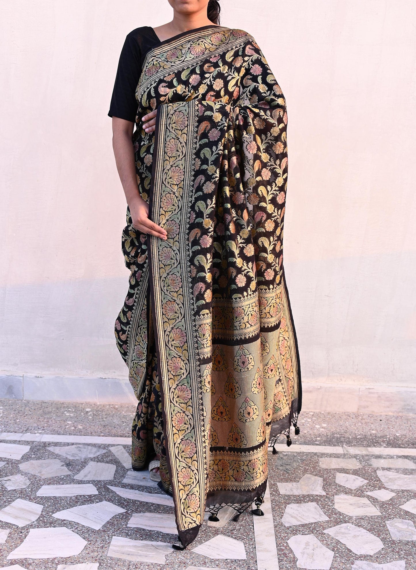 Antique Vintage Black Saree Pure Georgette Silk Hand Woven Banarasi Sari Craft Fabric 5Yd Sewing Soft Ethnic Zari Dress Making