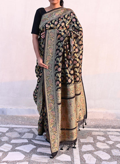 Antique Vintage Black Saree Pure Georgette Silk Hand Woven Banarasi Sari Craft Fabric 5Yd Sewing Soft Ethnic Zari Dress Making