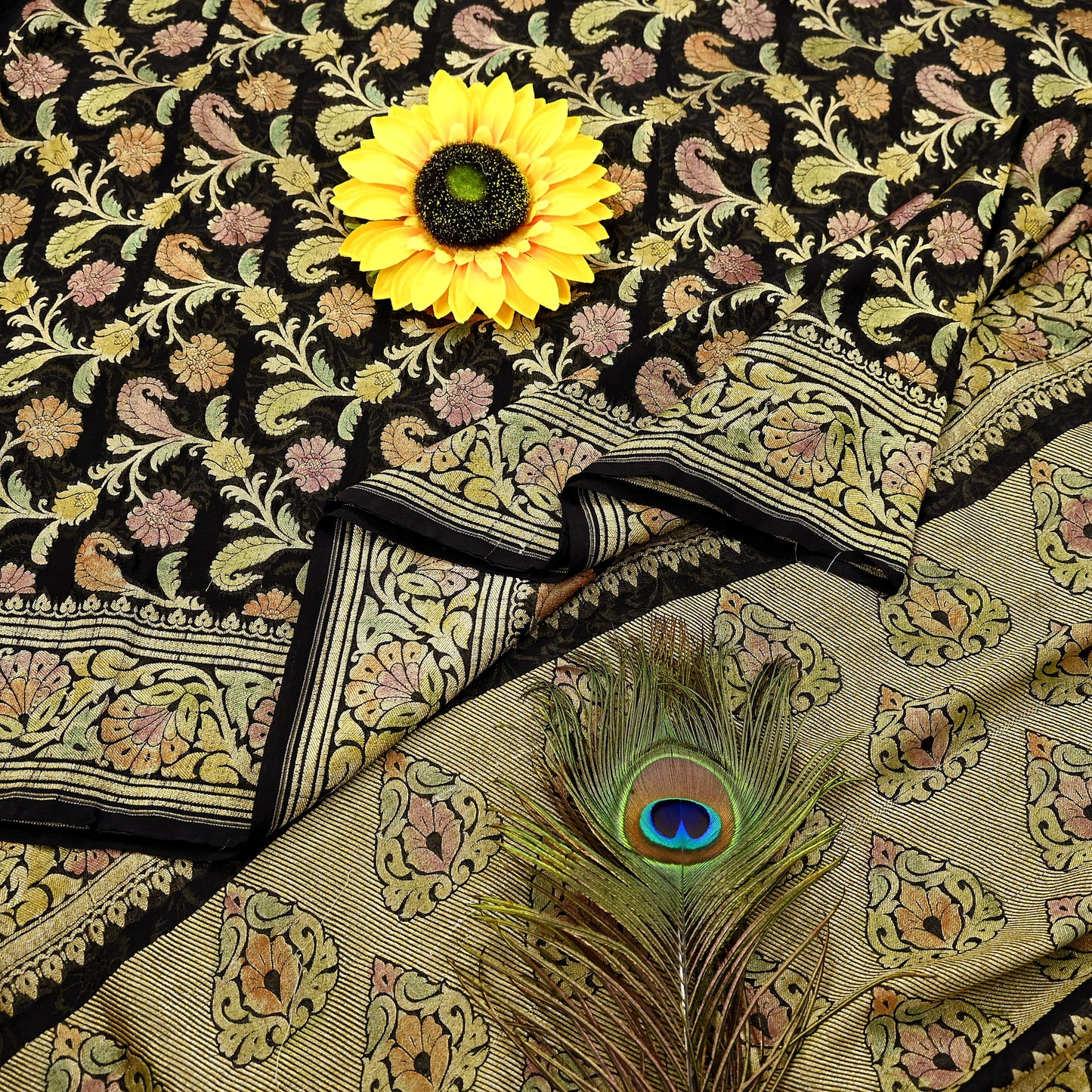 Antique Vintage Black Saree Pure Georgette Silk Hand Woven Banarasi Sari Craft Fabric 5Yd Sewing Soft Ethnic Zari Dress Making