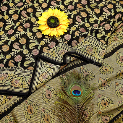 Antique Vintage Black Saree Pure Georgette Silk Hand Woven Banarasi Sari Craft Fabric 5Yd Sewing Soft Ethnic Zari Dress Making