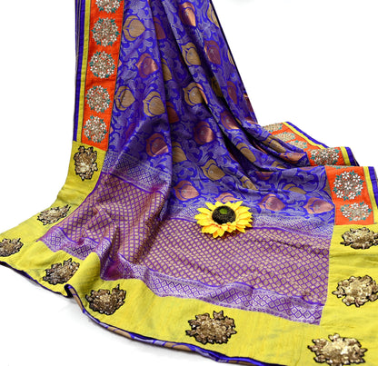 Indian Pre-Owned Sari Blue Pure Silk Hand Embroidered Kanjivaram Designer Manish Malhotra Sarees Ethnic Zardozi/Zari wedding Saree