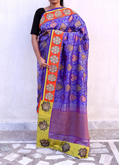 Indian Pre-Owned Sari Blue Pure Silk Hand Embroidered Kanjivaram Designer Manish Malhotra Sarees Ethnic Zardozi/Zari wedding Saree