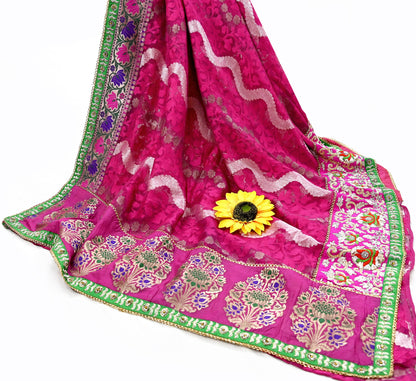 Indian Pre-Owned Sari Magenta Pure Silk Hand Embroidered Jamdani Designer Manish Malhotra Sarees Ethnic Zardozi/Zari wedding Saree