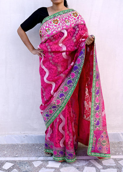 Indian Pre-Owned Sari Magenta Pure Silk Hand Embroidered Jamdani Designer Manish Malhotra Sarees Ethnic Zardozi/Zari wedding Saree