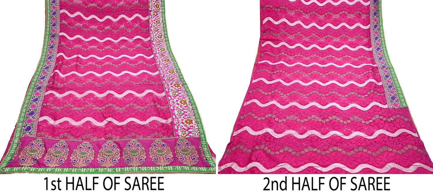 Indian Pre-Owned Sari Magenta Pure Silk Hand Embroidered Jamdani Designer Manish Malhotra Sarees Ethnic Zardozi/Zari wedding Saree